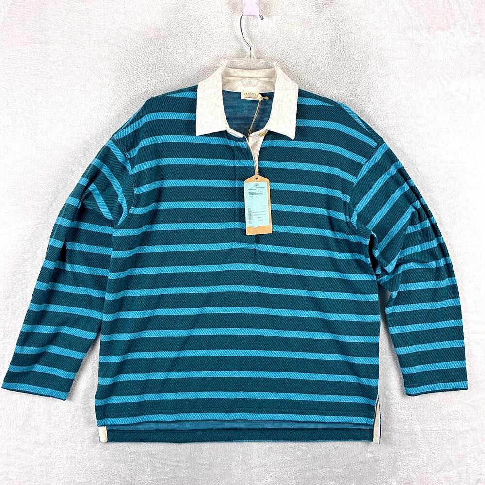 Faherty Rugby Sweater Womens M Blue Green Stripe Legend Popover Stretch Preppy